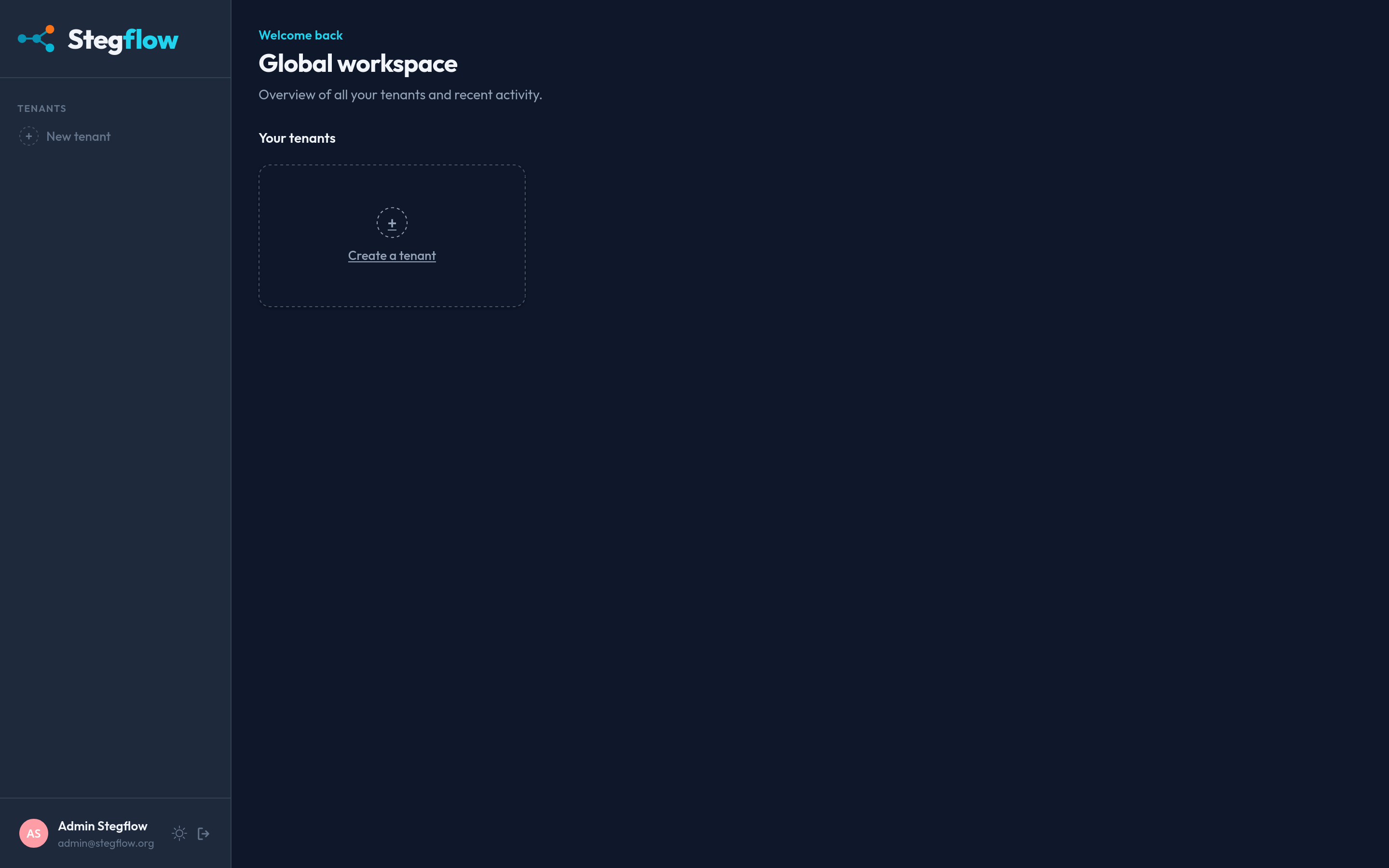 The Global workspace with the Create a tenant action