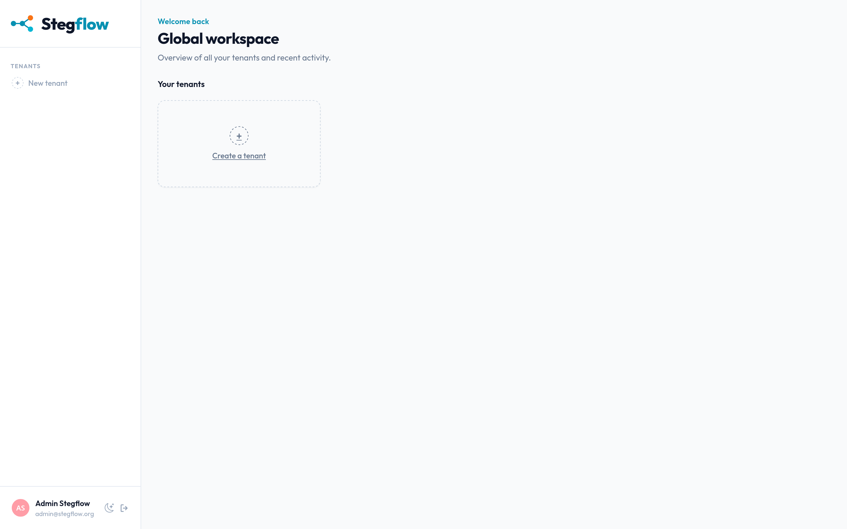 The Global workspace with the Create a tenant action